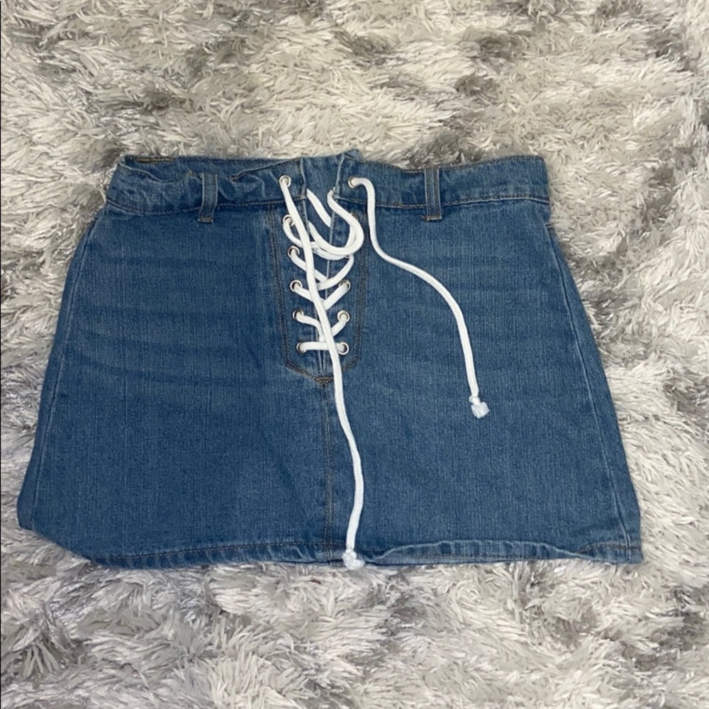 Lace up denim mini skirt